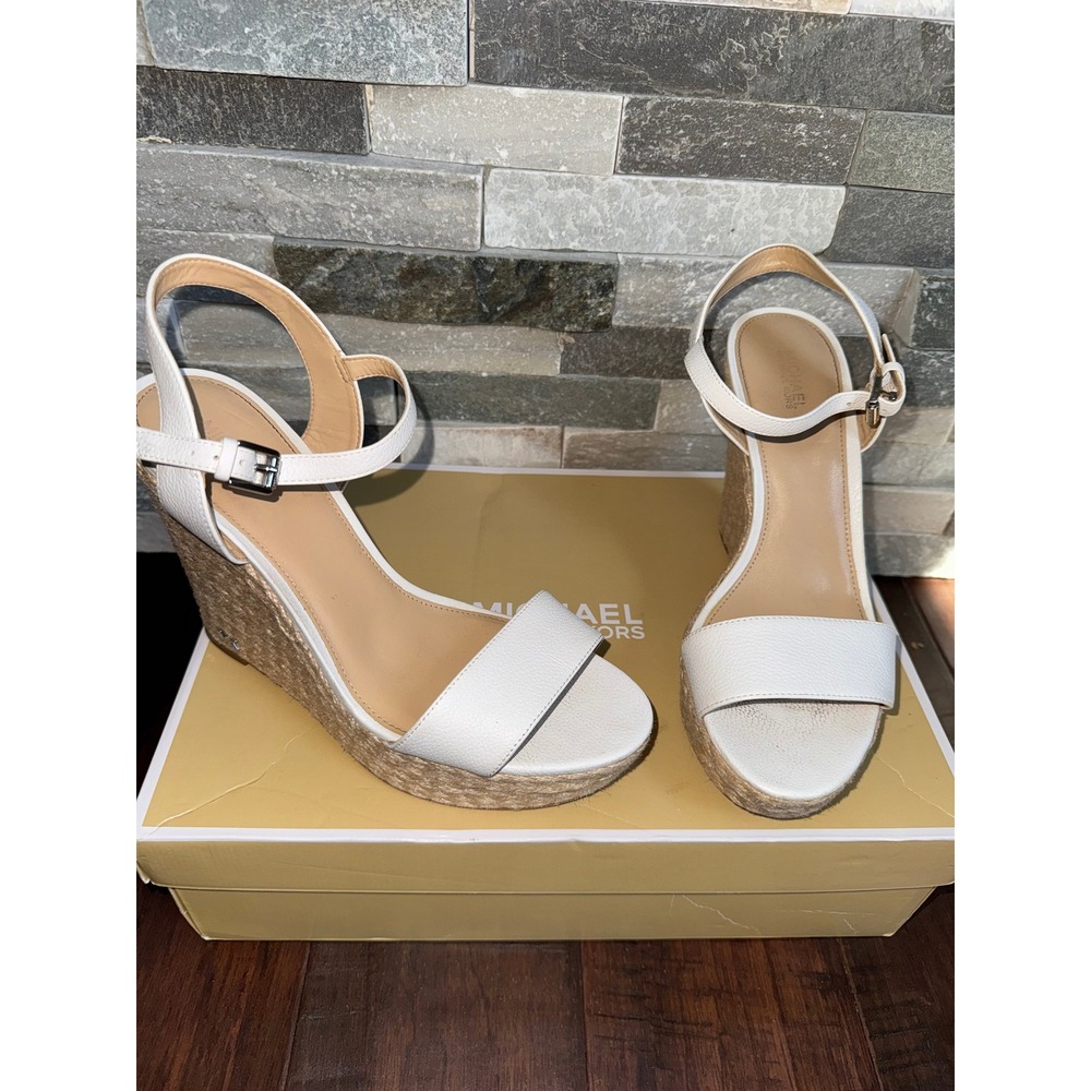 Michael Kors Jill Wedge Sandals Women 8.5-9M White Leather Espadrille Platform